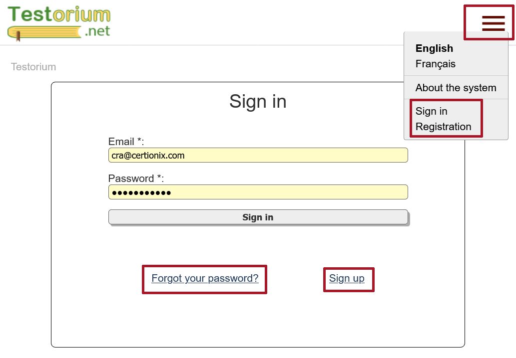 Testorium Sign In screen